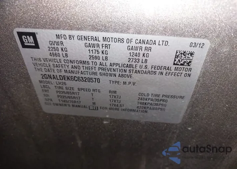 2012 Chevrolet Equinox 1Lt z USA, uszkodzony, nr VIN 2GNALDEK6C6320570